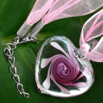 Foto collar colgante cristal de murano corazón flor color rosa