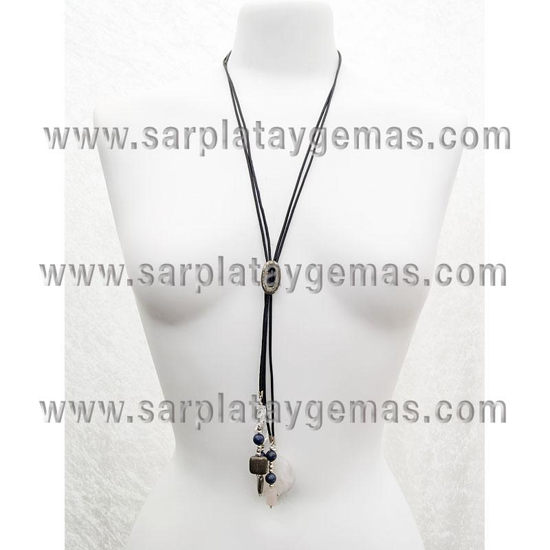Foto Collar de piel y gemas de cuarzo y lapislázuli