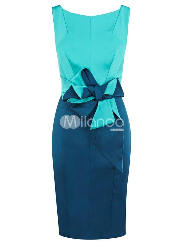 Foto Color azul divide fibra de acetato de mujer sin mangas vestido de fiesta