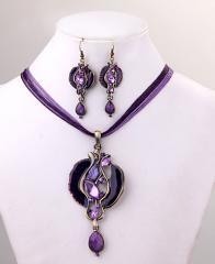 Foto conjunto collar + pendientes metal circonita flor purpúreo