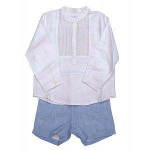 Foto Conjunto niño camisa con canesú blanca y pantalón de hilo azul