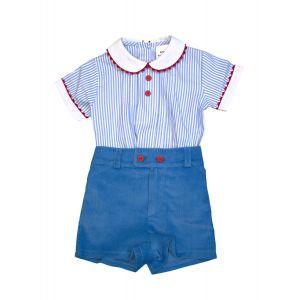Foto Conjunto niño pantalón de pana azul y camisa de rayas