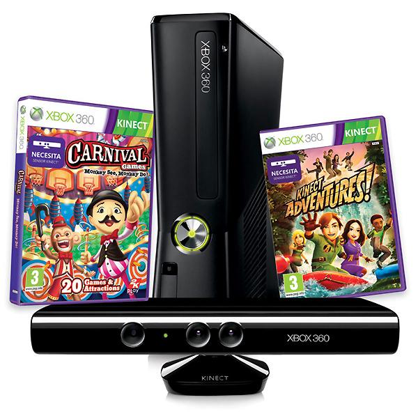 Foto Consola Xbox 360 Negra de 4 GB + Sensor Kinect + Kinect Adventures + Carnival En Acción