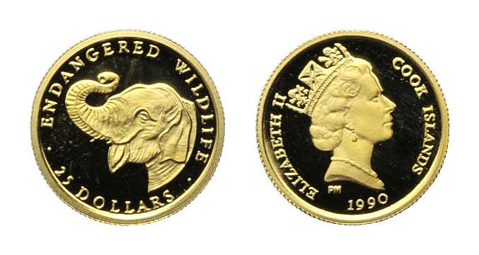Foto Cook Islands, 25 Dollars 1990 Elefant, 1,21g Feingold,