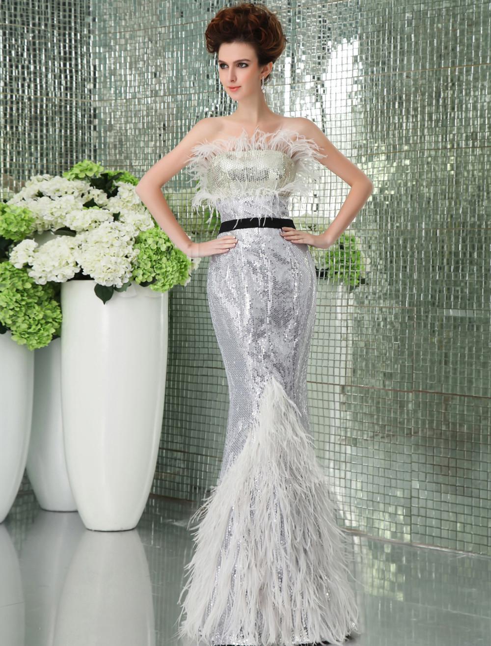 Foto Cordón del plata sirena trompeta vestido de noche de las señoras