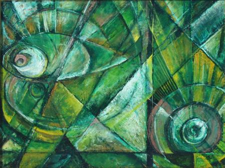 Foto Cuadro verde, pintura abstracta de caracoles.