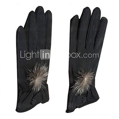 Foto cuero de piel de oveja de conejo agradable con dedos finos guantes de invierno muñeca longitud