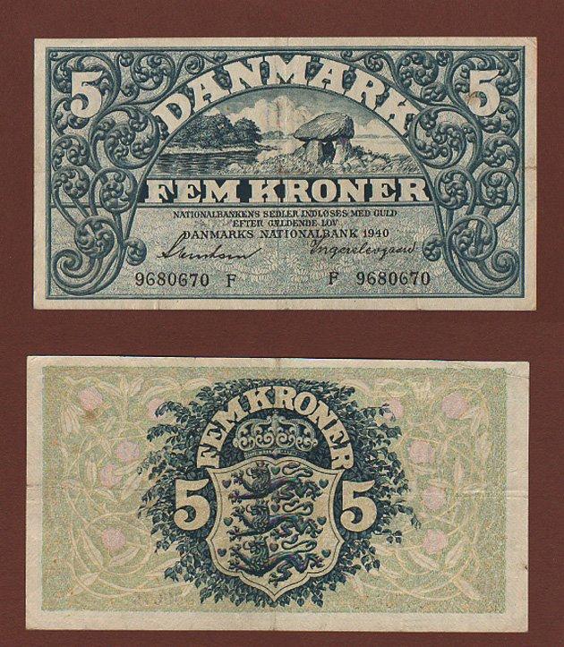 Foto Dänemark unter deutscher Besetzung 2 Weltkr 5 Kroner F 1940