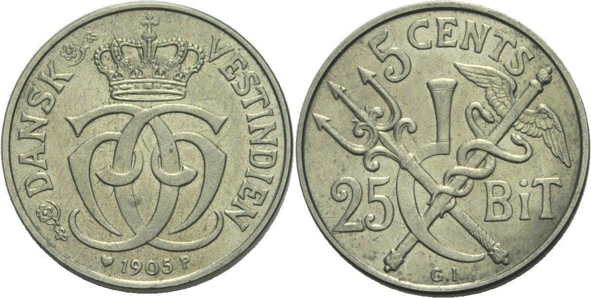 Foto Dänisch Westindien 5 Cents 25 Bit 1905