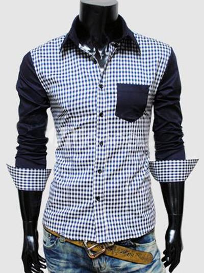 Foto De algodón azul marino oscuro patrón de tela escocesa hombres Moda Casual camisas