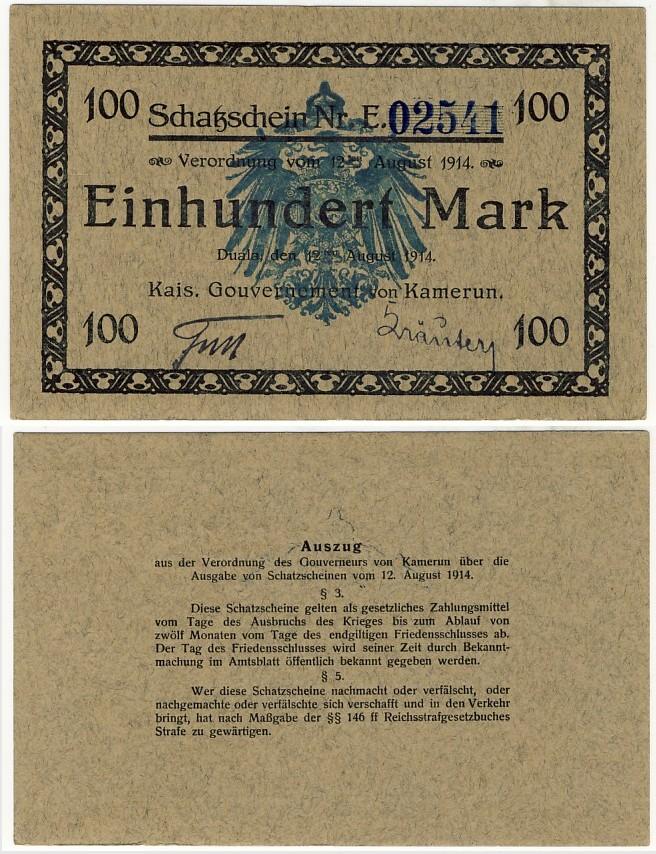 Foto Deutsche Kolonien Kamerun 100 Mark 1914
