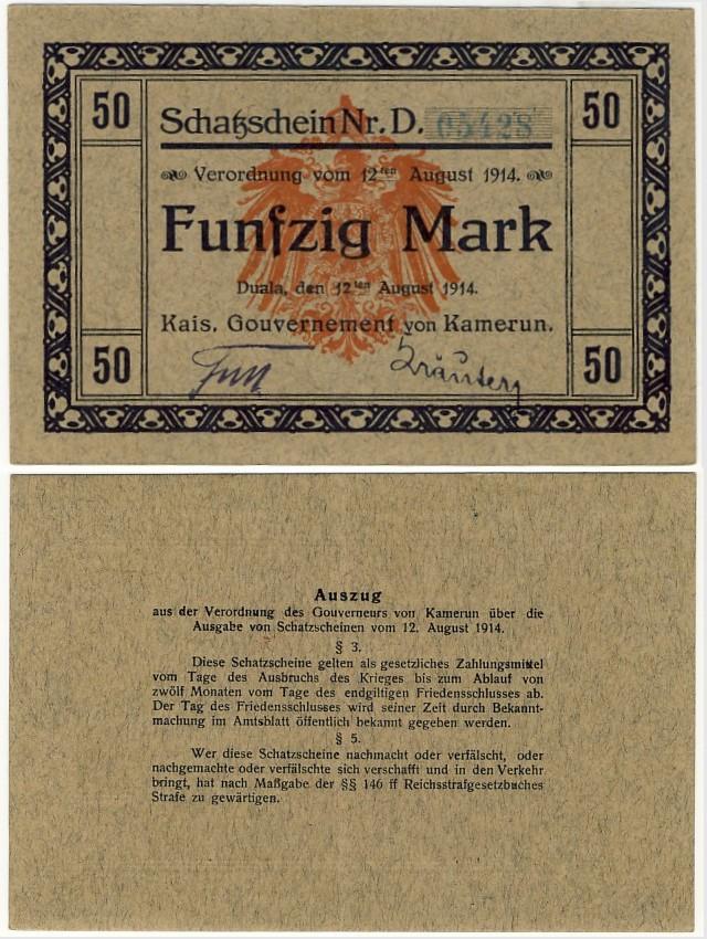 Foto Deutsche Kolonien Kamerun 50 Mark 1914