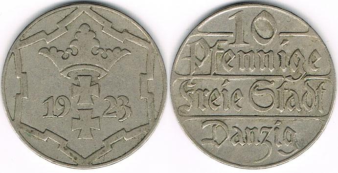 Foto Deutsche Nebengebiete Danzig 10 Pfennig 1923
