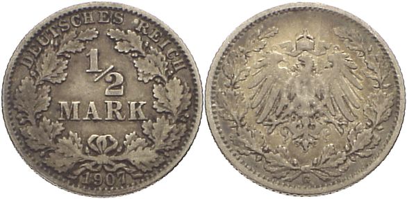 Foto Deutsches Kaiserreich 1871-1918 1/2 Mark 1907 G