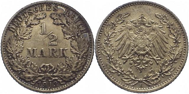 Foto Deutsches Kaiserreich 1871-1918 1/2 Mark 1913 E