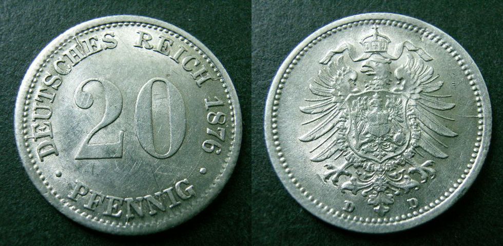 Foto Deutsches Kaiserreich 20 Pfennig 1876 D