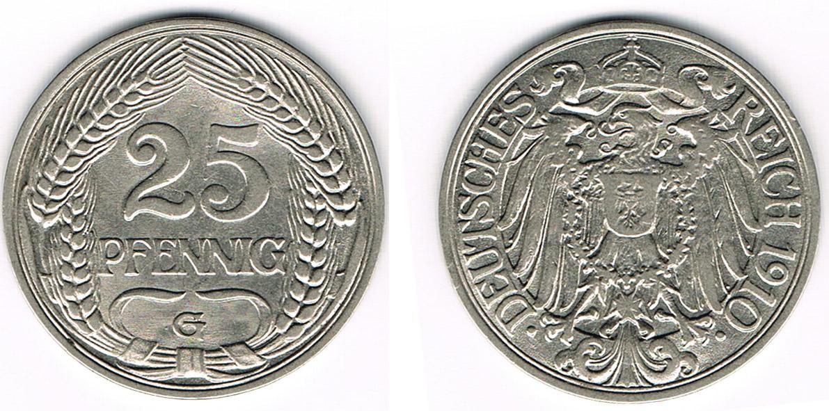Foto Deutsches Kaiserreich 25 Pfennig 1910 G