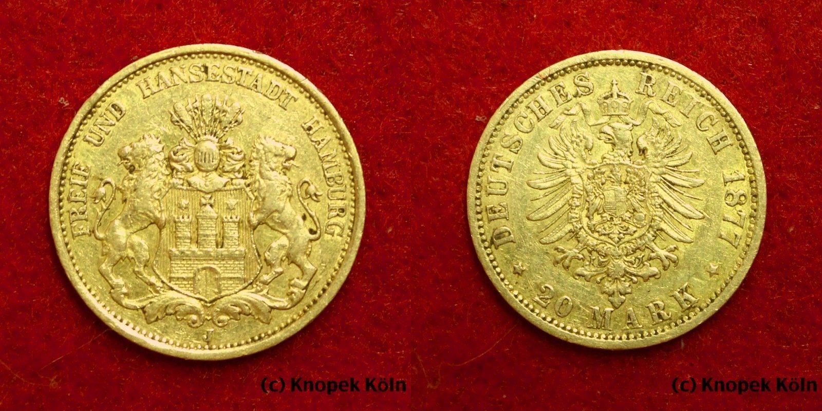 Foto Deutsches Kaiserreich/Hamburg 20 Mark (Gold) 1877 J
