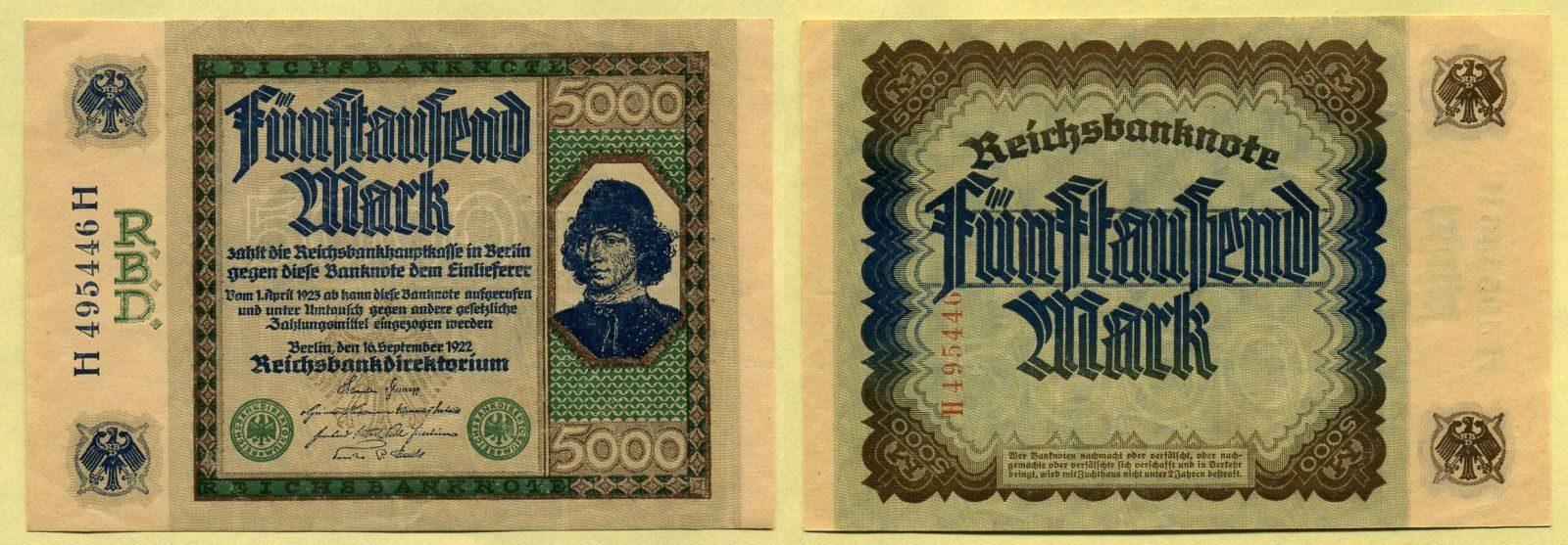 Foto Deutsches Reich 5000 Mark 16 9 1922