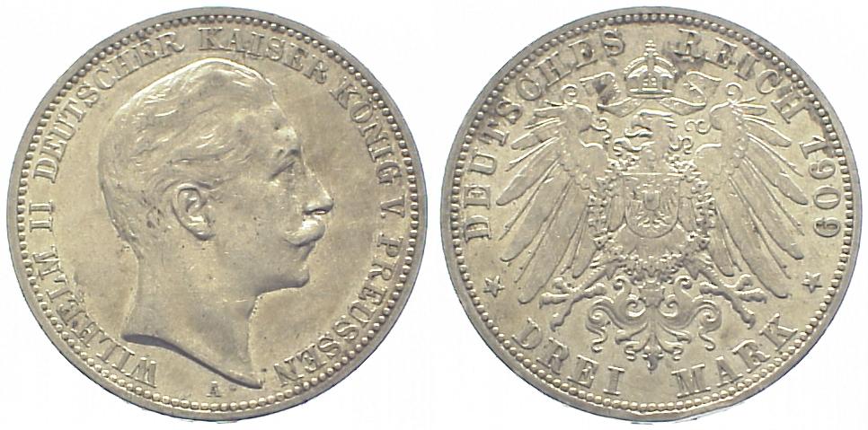 Foto Deutschland Brandenburg-Preußen 3 Mark 1909 A