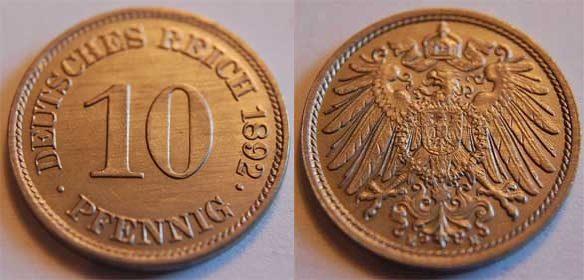 Foto Deutschland / Kaiserreich 10 Pfennig 1892 E