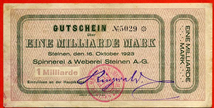 Foto Deutschland/Baden 1 Milliarde Mark 16 10 1923