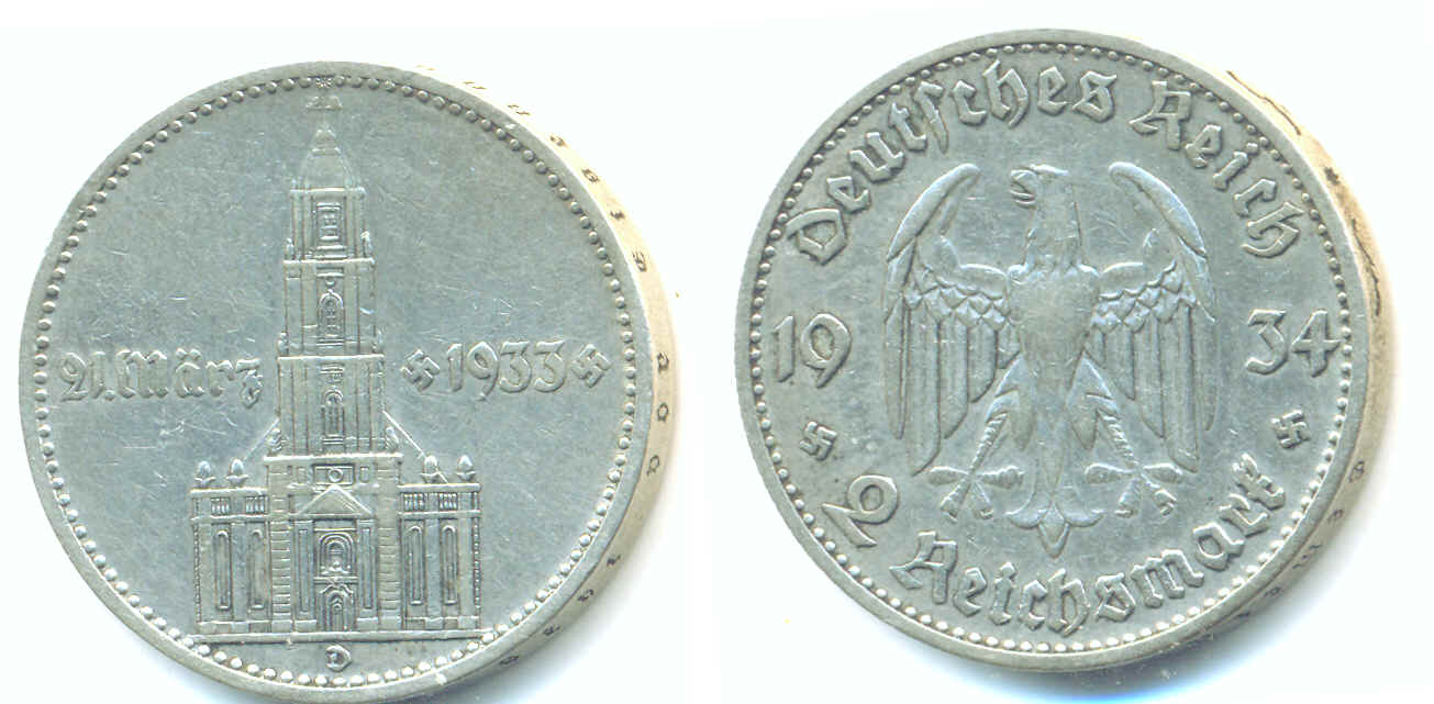 Foto Drittes Reich: 2 Reichsmark Garnisonskirche mit Datum, 1934 D,