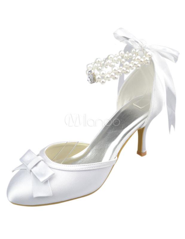 Foto Dulce satén perla tobillo correa arco boda zapatos blancos