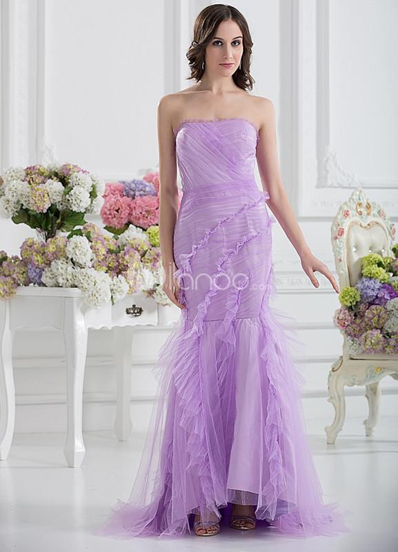 Foto Elegante Organza Lila sin tirantes moda vestido de noche