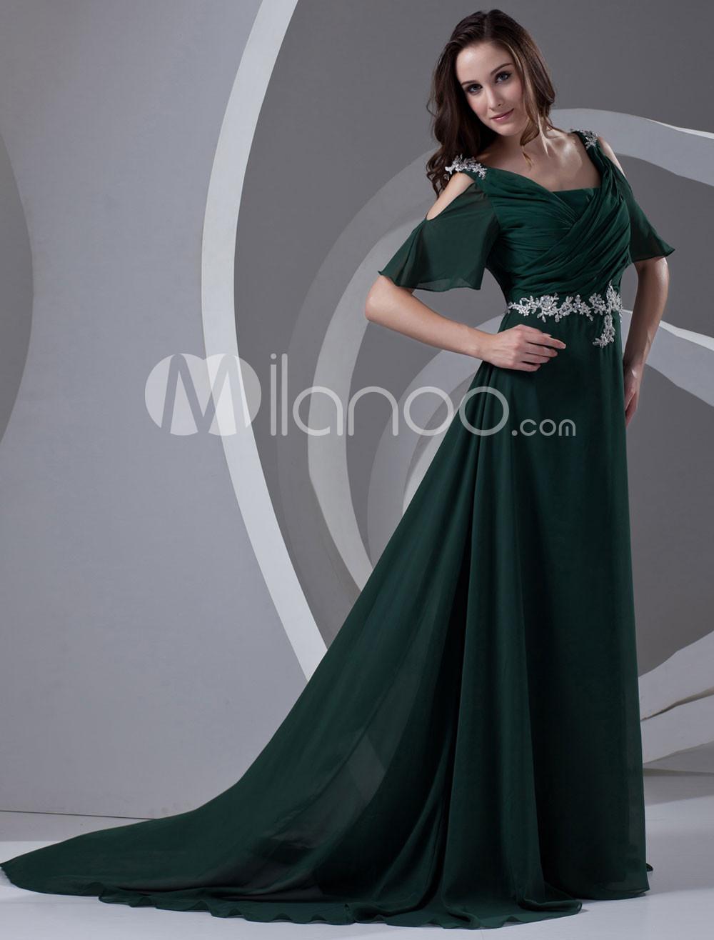 Foto Elegante vestido de noche de la mujer fuera del hombro de apliques de gasa verde oscuro