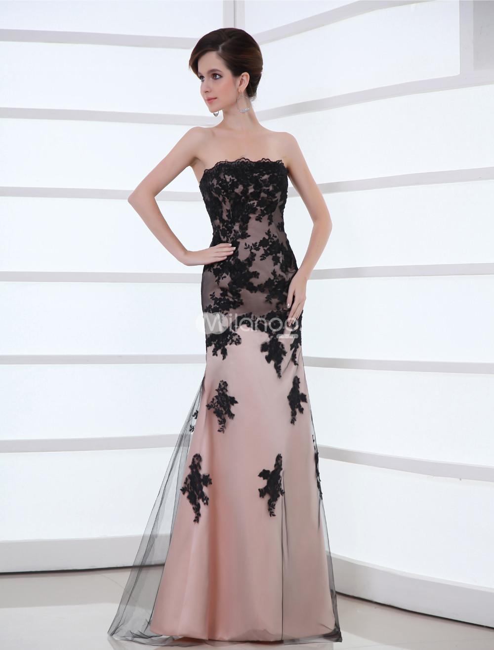 Foto Elegante vestido de noche de la mujer sin tirantes de cordón neto Floral de color de rosa