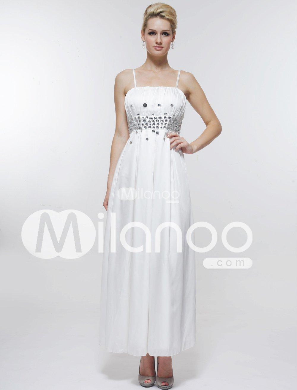 Foto Elegante vestido de noche largo blanco de satén correas espaguetis gasa piso
