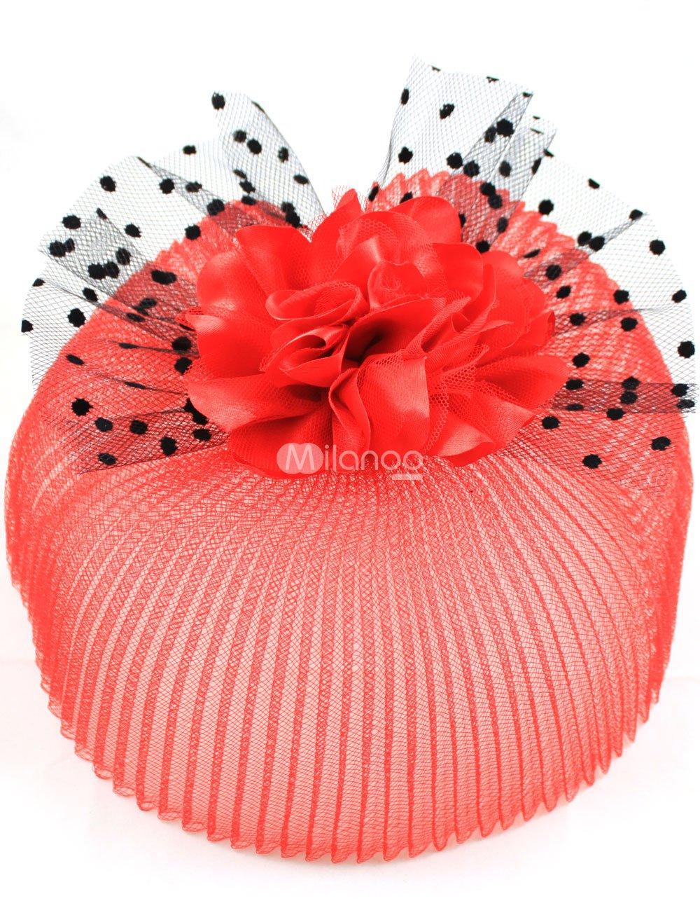 Foto Encaje rojo de gasa de flores nupcial de sombrero