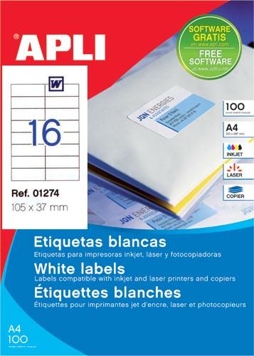 Foto Etiquetas Adhesivas Apli Para Inkjet, Laser Y Fotocopiadoras Blanca Cantos Rectos 100 Hojas 105 X 37mm