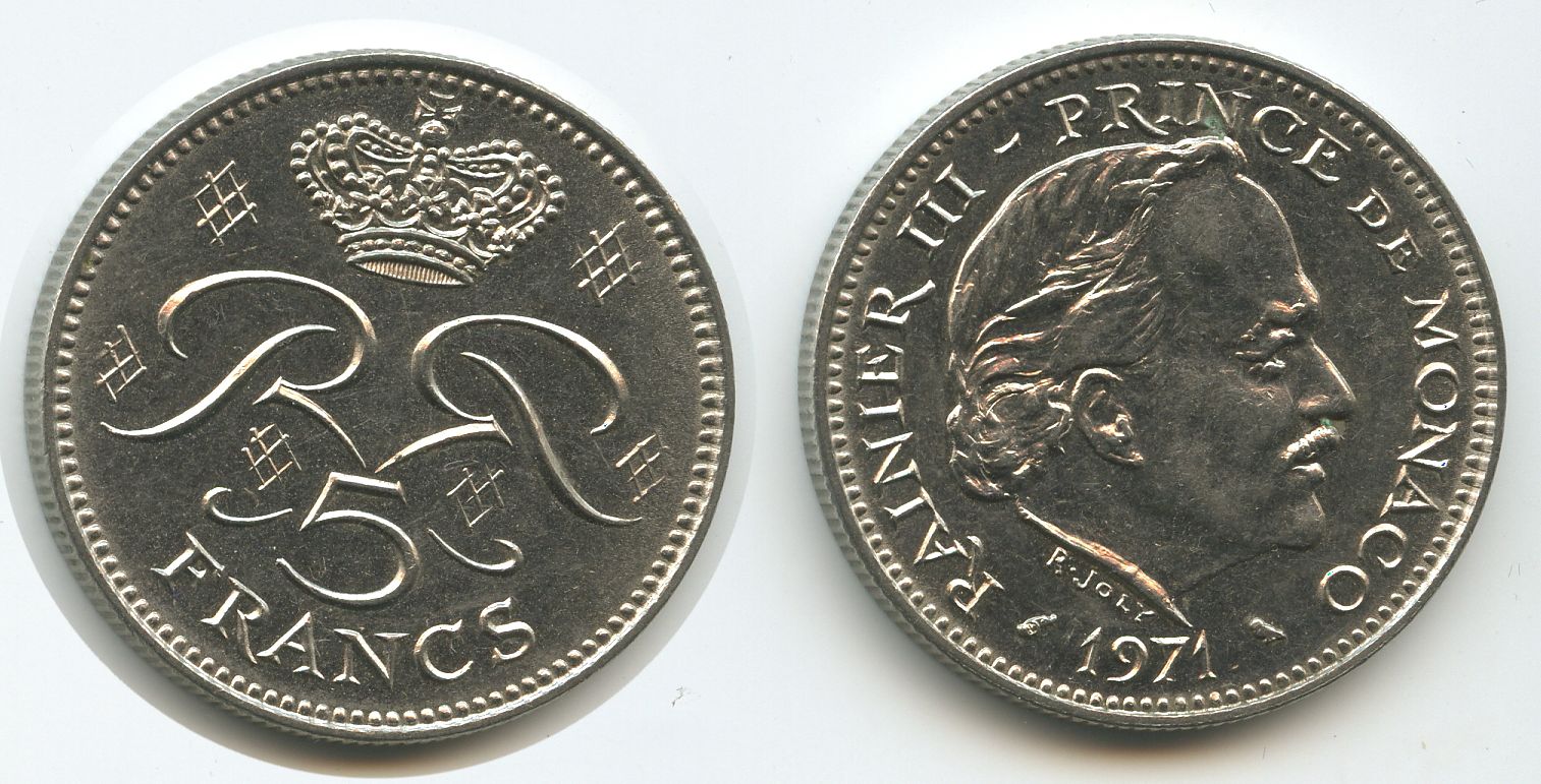 Foto Fürstentum Monaco 5 Francs 1971