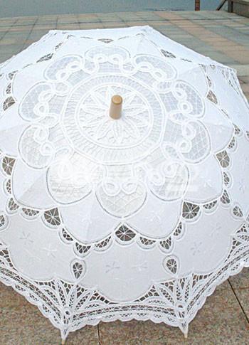 Foto Fabuloso blanco algodón soporte de acero inoxidable madera mango boda paraguas