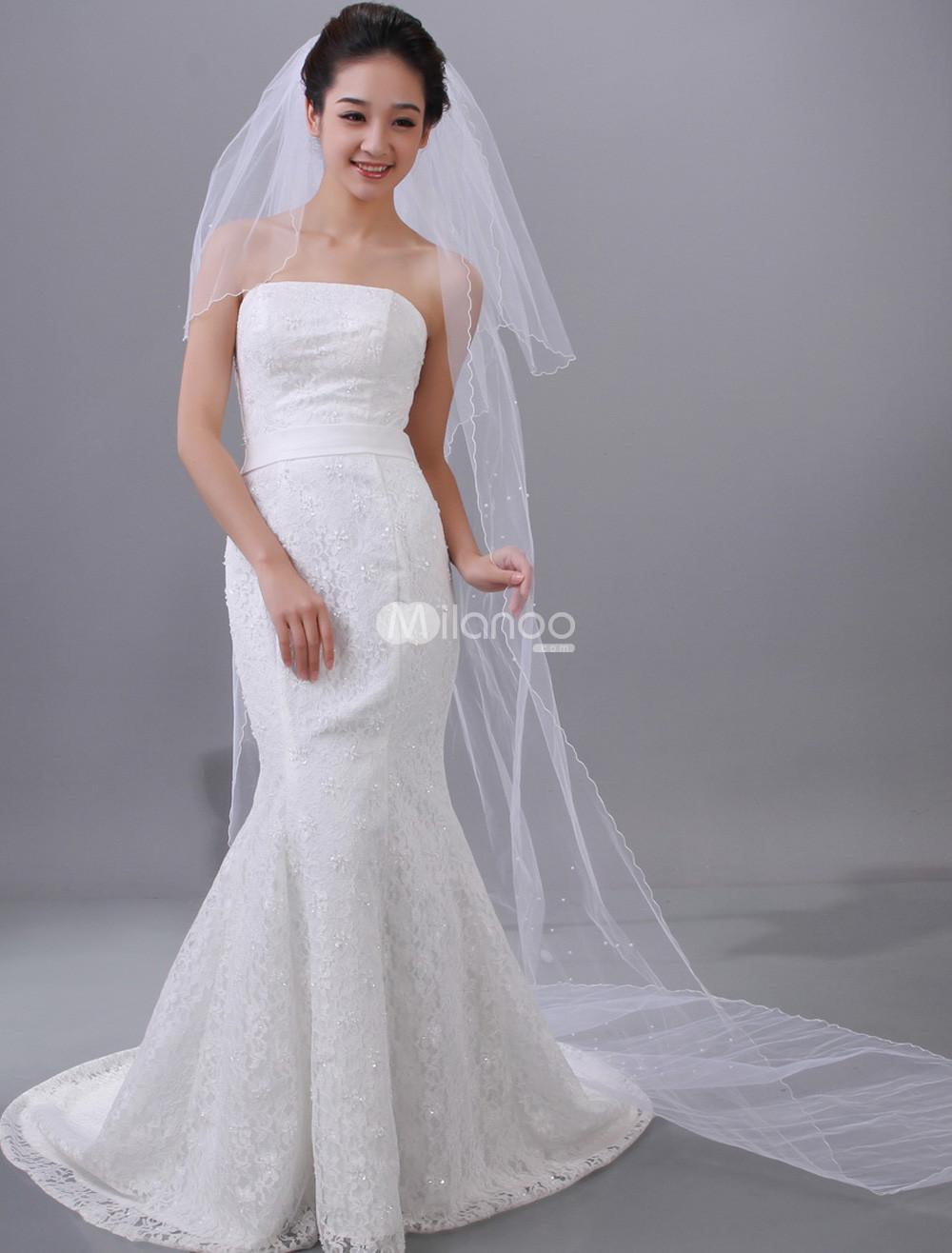 Foto Fabuloso blanco un nivel tul rebordear boda nupcial Oval velo