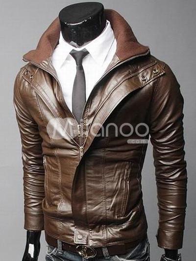Foto Fantástico marrón largo mangas PU chaqueta del hombre
