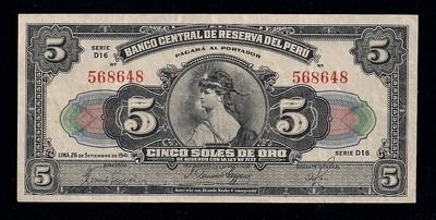 Foto F.c. Peru, 5 Soles 1941. P.66aa. Ebc-.