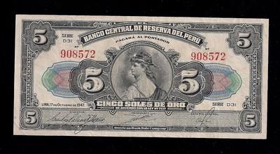 Foto F.c. Peru, 5 Soles 1947. P.66aa. Mbc+.