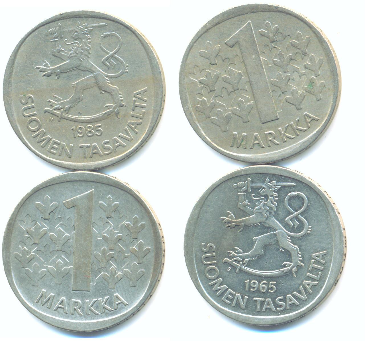 Foto Finnland: 2 x 1 Markka: 1 x Arg + 1x Ku/Ni 1965,1985