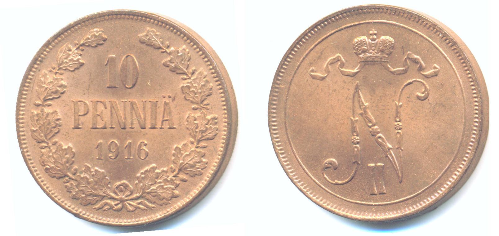 Foto Finnland 10 PenniÄ unter Nikolaus Ii, 1916,
