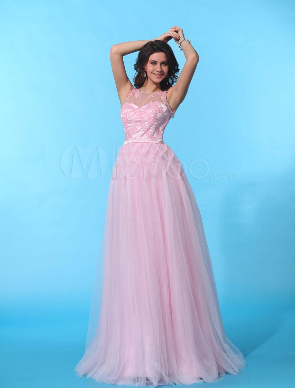 Foto Florista rosado dulce cuello rebordear vestido de noche de tul