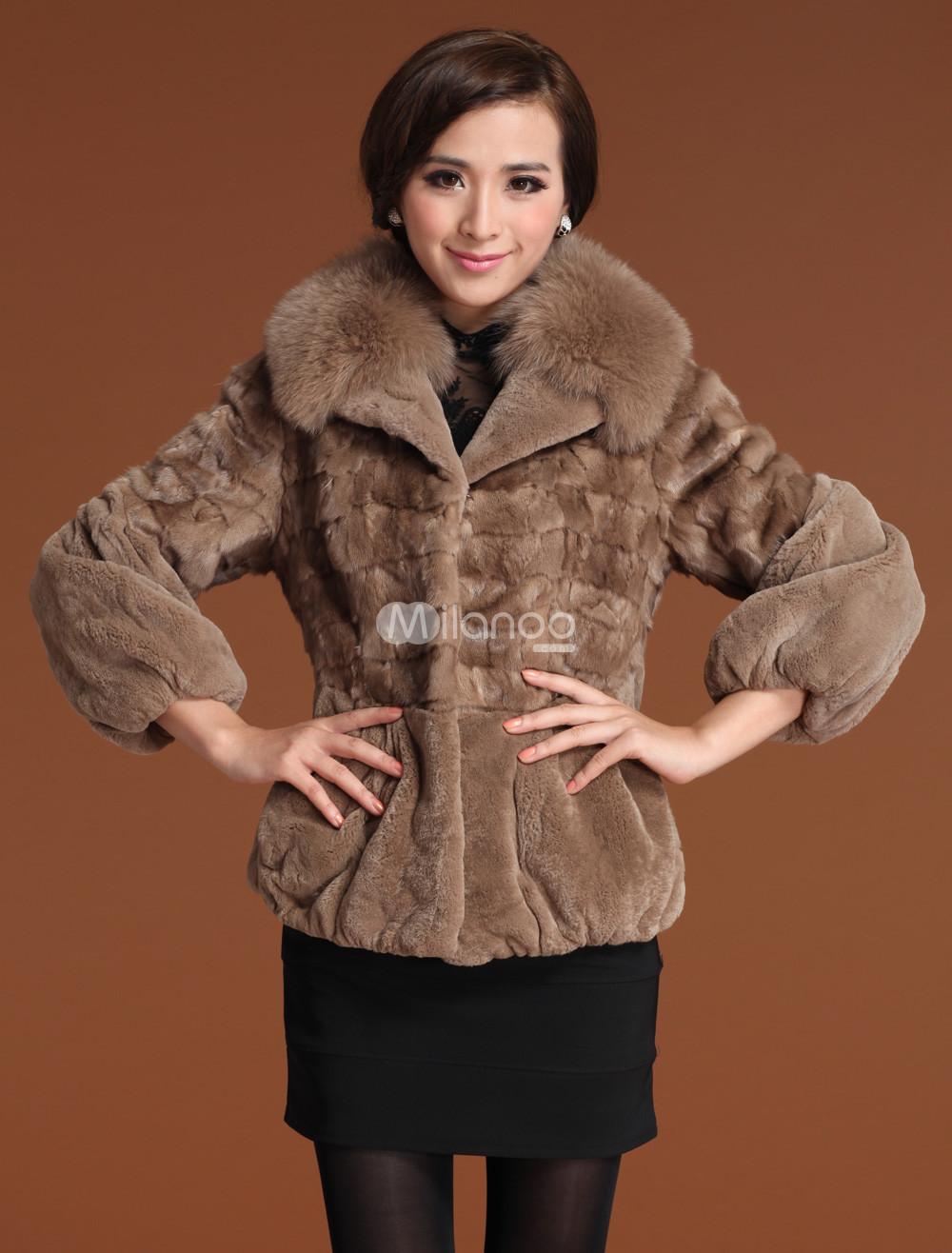 Foto Fox caqui moderno Fur chaqueta de piel de Collar de la mujer
