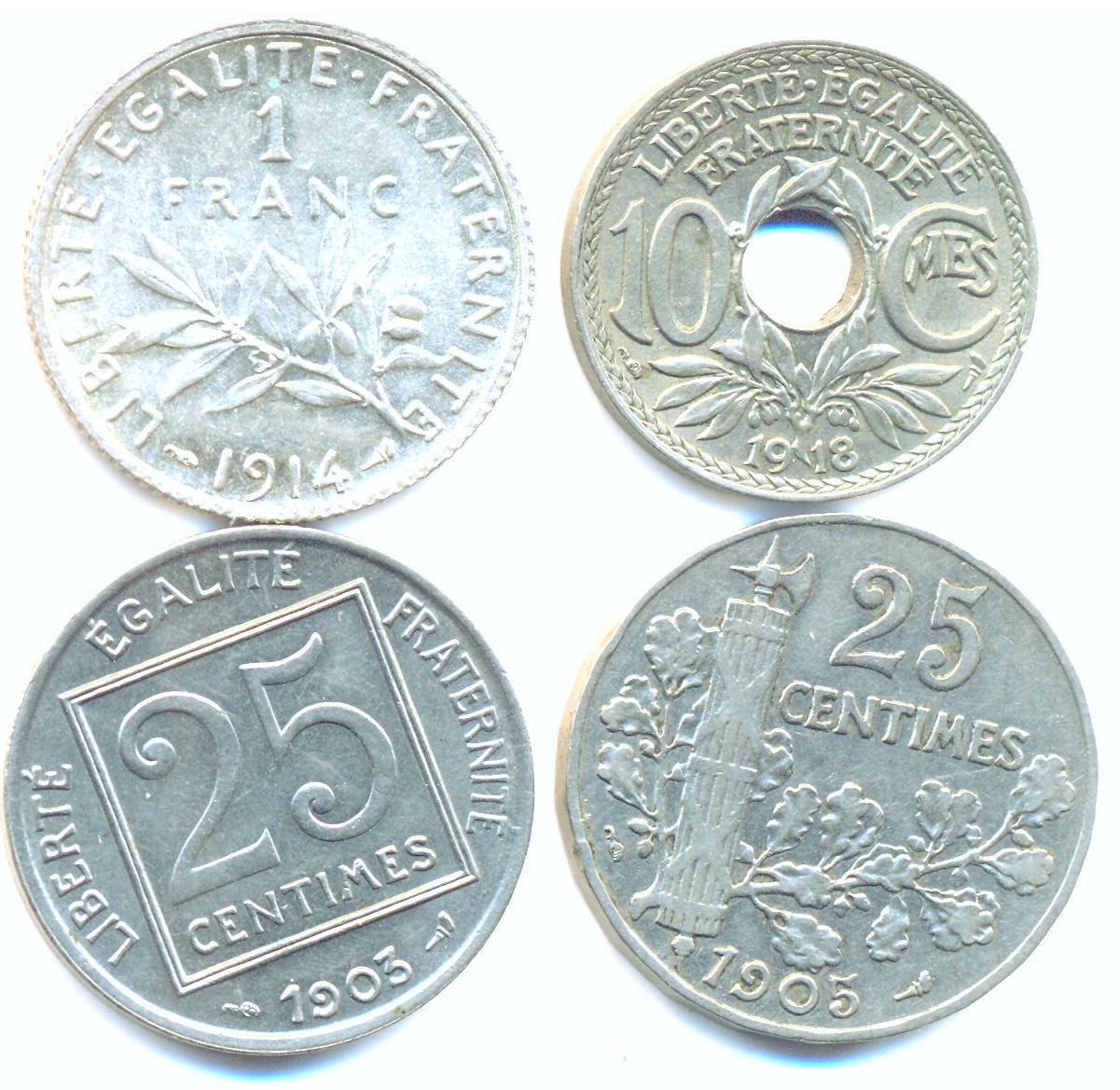 Foto Frankreich: 10,2x 25 Centimes + 1 Franc: ex 1903-1918,