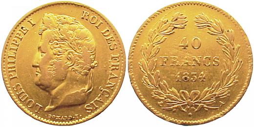 Foto Frankreich 40 Francs Gold 1834 A