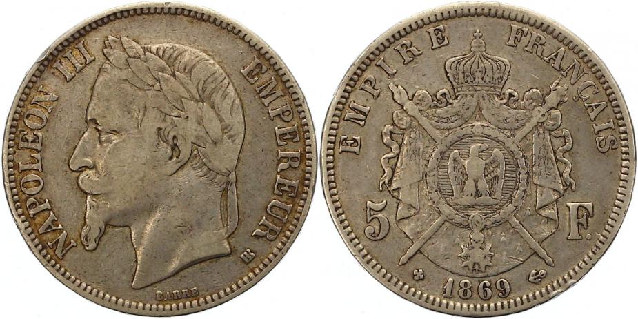 Foto Frankreich 5 Francs 1869
