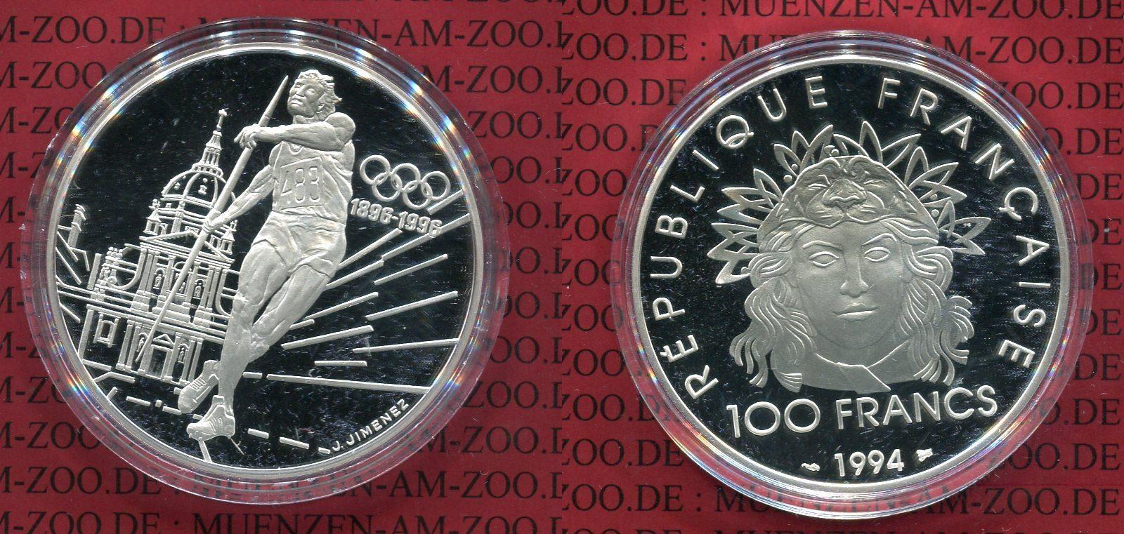 Foto Frankreich, France 100 Francs Silbermünze Ioc Serie 1 Unze 1994