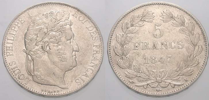 Foto Frankreich / France 5 Francs 1847 A