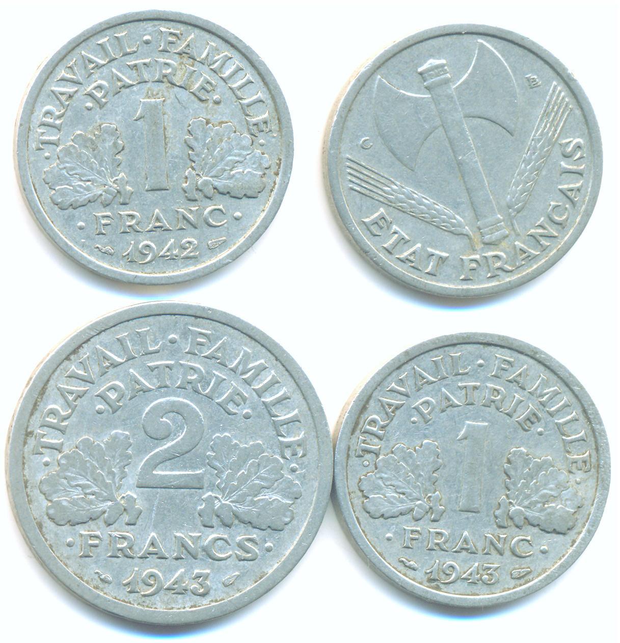 Foto Frankreich-Vichy-Regierung: 2 + 3x 1 Franc ex 1942-1944